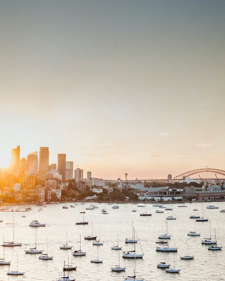 Sunset over a city skyline featuring a harbor filled with boats, with a bridge and a tall tower in the background, bathed in the golden light of the setting sun.