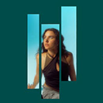 A woman in a sleeveless black top is shown through three vertical rectangular cutouts on a teal background, with a blue gradient behind her.