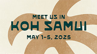 Der Text lautet „Treffen Sie uns vom 1. bis 5. Mai 2025 auf Koh Samui“ vor einem stilisierten Hintergrund mit Palmblattformen.