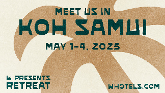 Gráfico promocional para un retiro en Koh Samui del 1 al 4 de mayo de 2025. Presenta un fondo de palmera estilizada con texto en negrita. Incluye un enlace a un sitio web para más información.