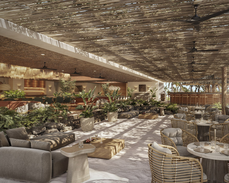 Eine Open-Air-Lounge mit Korbsesseln, gepolsterten Sofas, Topfpflanzen und Holztischen unter einer Pergola mit Lattenrost, die für gedämpftes Licht und eine entspannte, tropische Atmosphäre sorgt.