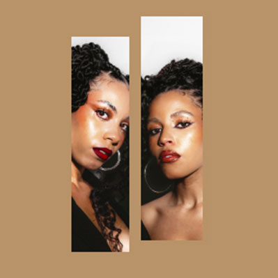 Two women with braided hair and glossy makeup are shown in vertical panels against a tan background, facing forward with confident expressions.